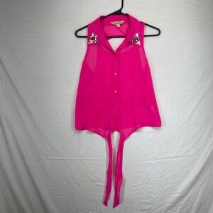 Decree Hot Pink Sleeveless Tie Front Button Down Embellished Collar Top Medium